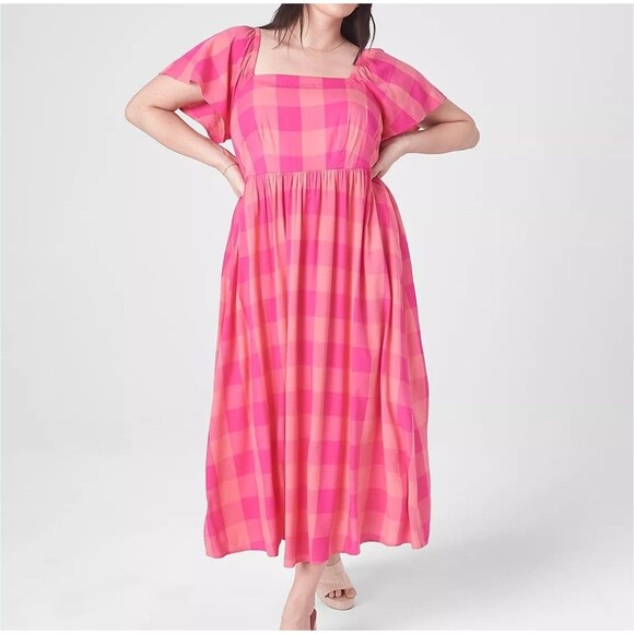 NWT Lane Bryant Size 20 Pink Flutter-Sleeve Gingham Plaid Midi Dress Fit Flare - Picture 1 of 9